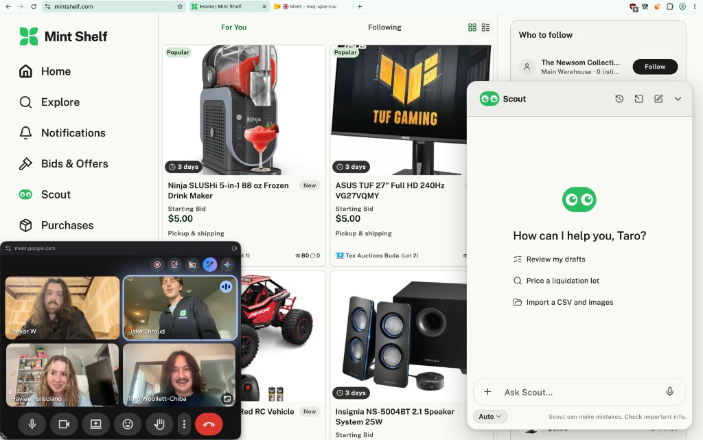 Mint Shelf’s home feed during a team video call, with Scout open on the side.