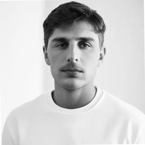 Black-and-white portrait of Colton Stephens